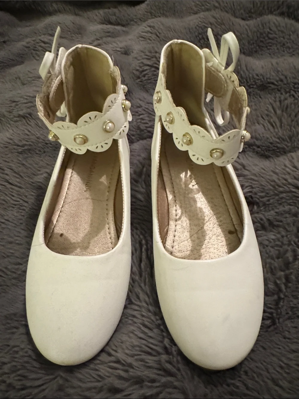 Girls White Dress Ballet Flats with Pearl Ankle Strap